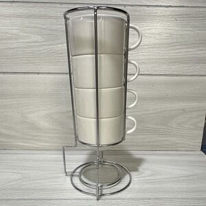 Sweese White Ceramic Coffee Mugs Set of 4 8 oz w/ Metal Stand Microwave Safe